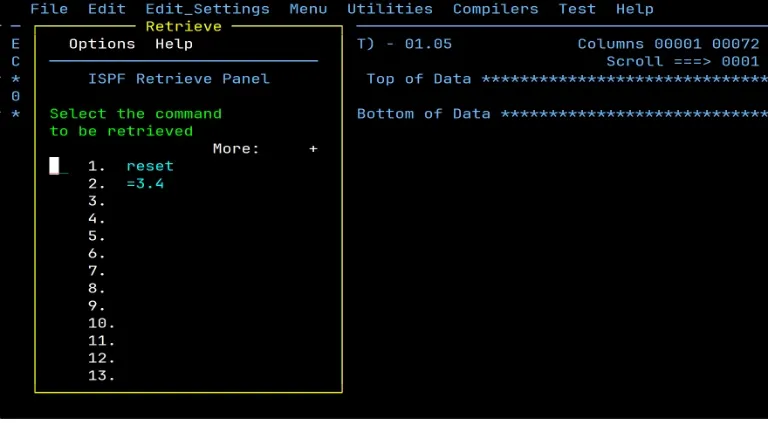 The retrieve panel showing two previous commands